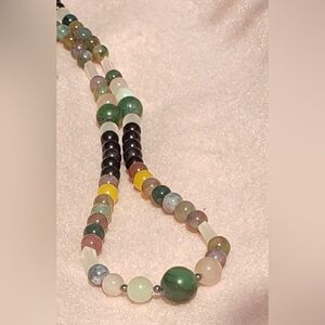 Jade, Onyx, Rose Quartz, Jasper Necklace Sterling Silver Clasp